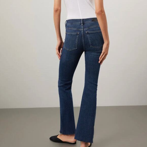 DL1961 Fray Flare Jeans SIZE 26 Dark Wash Bridget Raw Hem Designer Stretch $209 - Picture 2 of 8